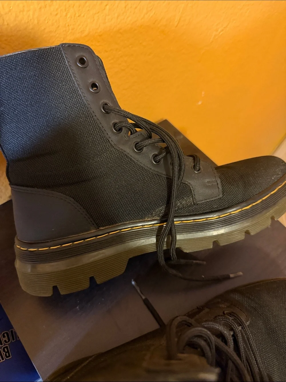 Dr. Martens Black Canvas Combat Boots with Yellow Heel Loop Good condition 8M